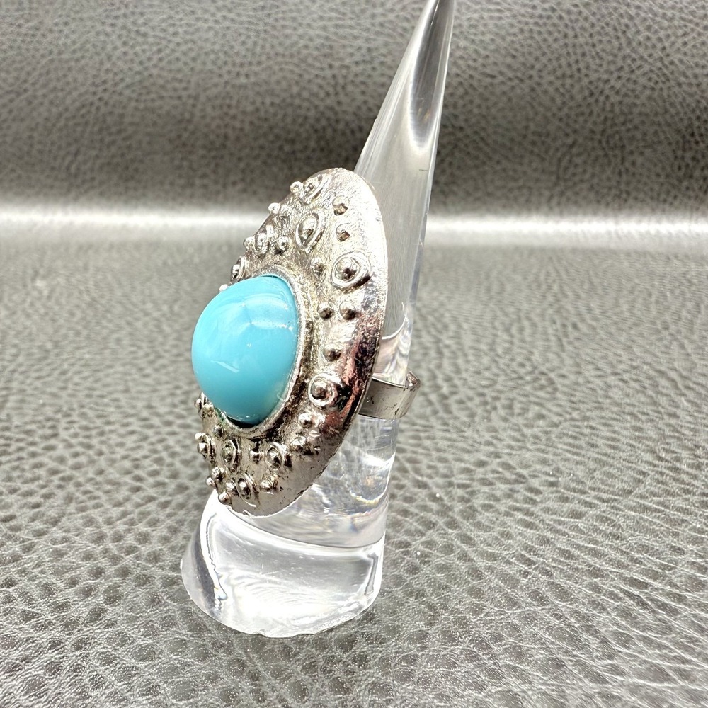 Boho Statement Ring Silver Tone Sz 6 Large Turquoise Oval Retro FashionJewelry